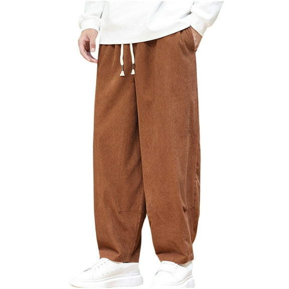 CHEEREAM Men's Casual Corduroy Pants Wide Leg Drawstring Elastic Waist Fashion Loose Fit Pants for Men Brown 5XL