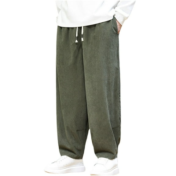 CHEEREAM Men's Casual Corduroy Pants Wide Leg Drawstring Elastic Waist Fashion Loose Fit Pants for Men Green 5XL