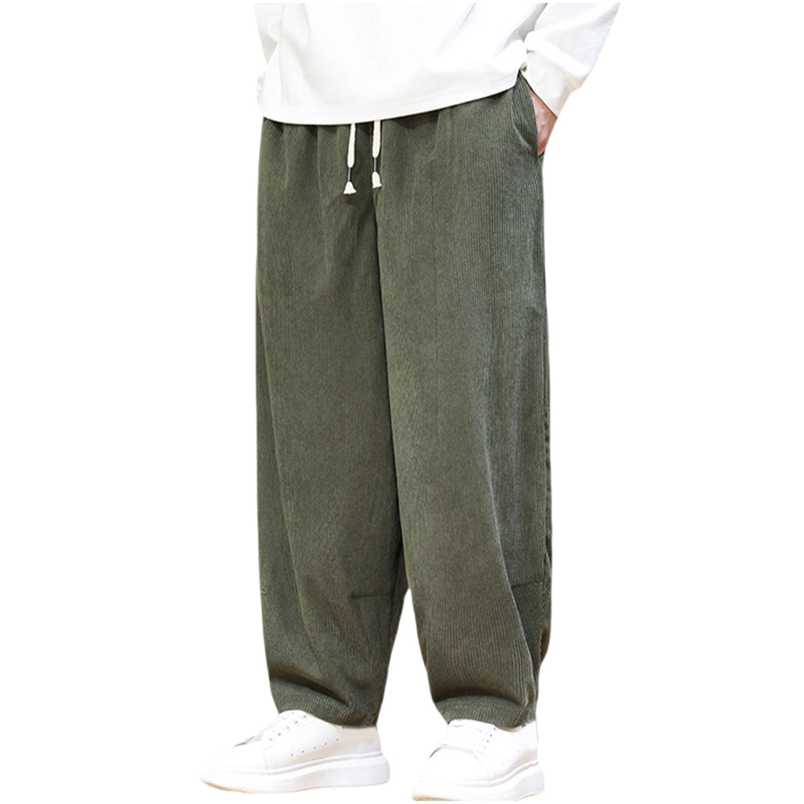 CHEEREAM Men's Casual Corduroy Pants Wide Leg Drawstring Elastic Waist ...