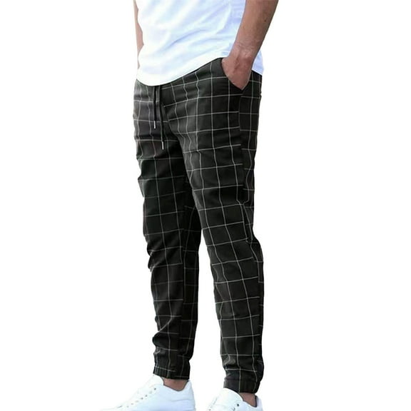 CHEEREAM Men's Casual Drawstring Checkered Pants Stretch Slim Fit Skinny Pants Plaid Dress Pants for Men Business Suit Pants Black M