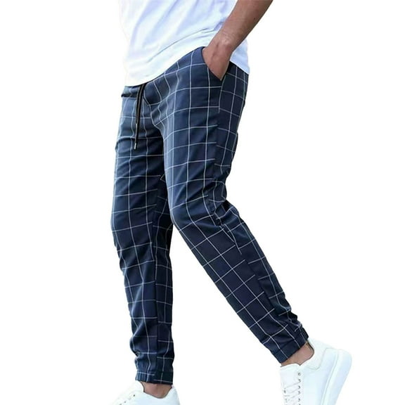 CHEEREAM Men's Casual Drawstring Checkered Pants Stretch Slim Fit Skinny Pants Plaid Dress Pants for Men Business Suit Pants Navy L