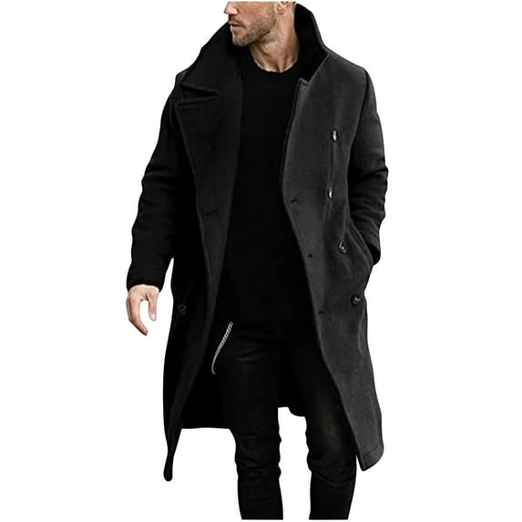 CHEEREAM Men's Casual Trench Coat Slim Fit Notched Collar Long Jacket Overcoat Double Breasted Pea Coat wih Pockets Black M