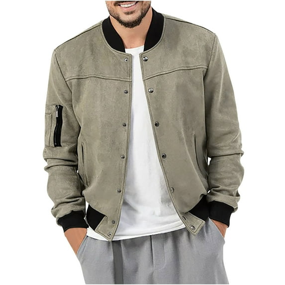 CHEEREAM Men's Casual Varsity Jacket Long Sleeve Button Down Cardigan Vintage Suede Bomber Jackets Spring Fall Coat with Pocket Beige 3XL