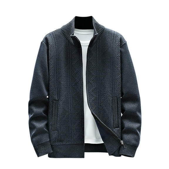 CHEEREAM Men's Classic Soft Knitted Cardigan Sweaters Fleece Lined Zipper Jacket Stand Collar Geometric Print Sweater with Pockets Trendy Fall Dark Gray M