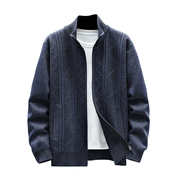 CHEEREAM Men's Classic Soft Knitted Cardigan Sweaters Fleece Lined Zipper Jacket Stand Collar Geometric Print Sweater with Pockets Trendy Fall Navy L