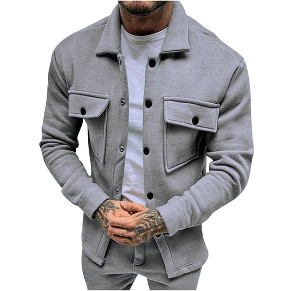 CHEEREAM Men's Corduroy Button Down Shirts Casual Long Sleeve Shacket Jacket with Flap Pockets Slim Fit Fall Winter Outwear Gray M
