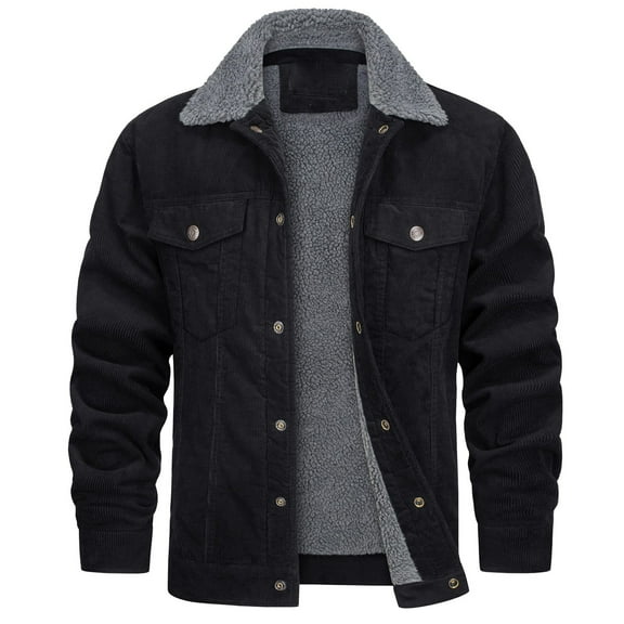 CHEEREAM Men's Corduroy Jacket Fleece Sherpa Lined Winter Coats Warm Thick Cotton Casual Lapel Trucker Cargo Jacket Black L