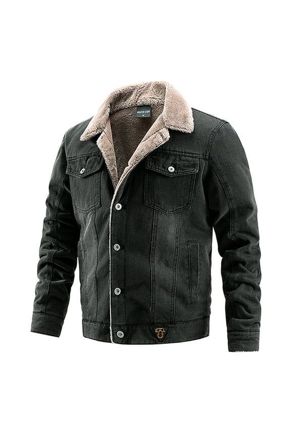 Men's Corduroy Jacket Sherpa Lined Fleece Trucker Jackets Cotton Turn Down Collar Jacket Warm Winter Coat Black XL