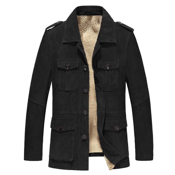 CHEEREAM Men's Corduroy Jacket Winter Sherpa Fleece Trucker Jacket Collar Warm Cowboy Coat with Mulit Pockets Black 4XL