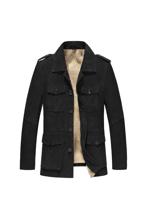 Men's Corduroy Jacket Winter Sherpa Fleece Trucker Jacket Collar Warm Cowboy Coat with Mulit Pockets Black M