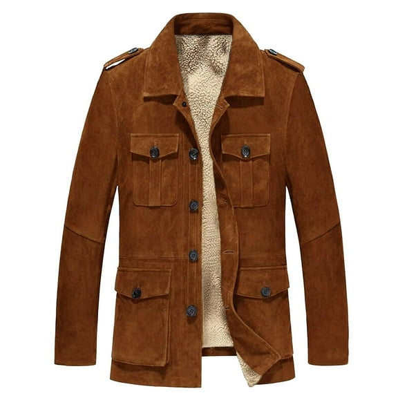 CHEEREAM Men's Corduroy Jacket Winter Sherpa Fleece Trucker Jacket Collar Warm Cowboy Coat with Mulit Pockets Brown 4XL