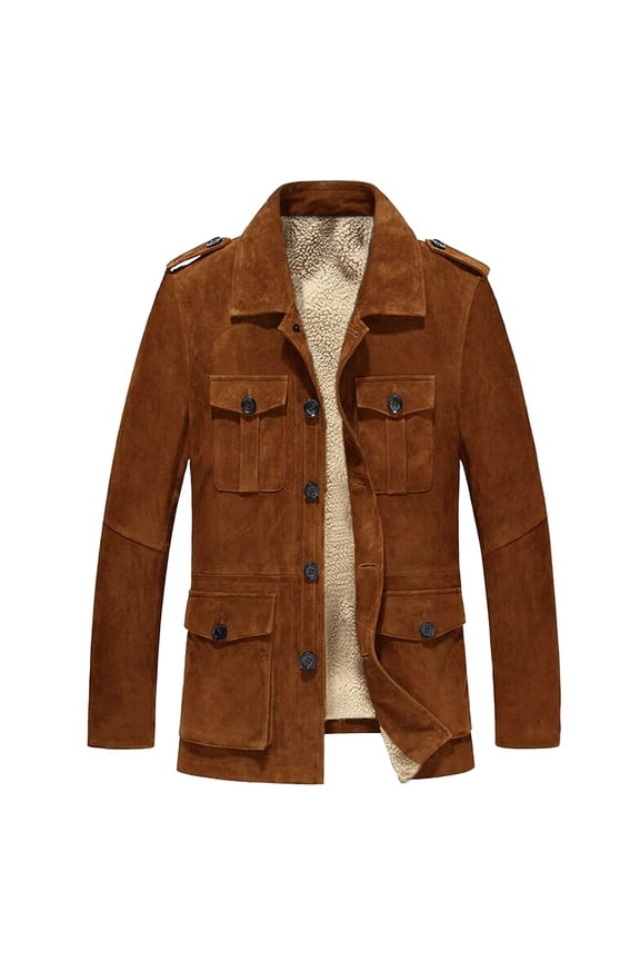 Men's Corduroy Jacket Winter Sherpa Fleece Trucker Jacket Collar Warm Cowboy Coat with Mulit Pockets Brown M