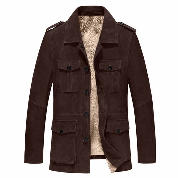 CHEEREAM Men's Corduroy Jacket Winter Sherpa Fleece Trucker Jacket Collar Warm Cowboy Coat with Mulit Pockets Coffee L