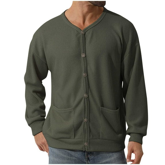 CHEEREAM Men's Cotton Cardigan Sweater V Neck Long Sleeve Button Knitwear Casual Solid Color Knitted Regular Fit Cardigan with Pocket Army Green S
