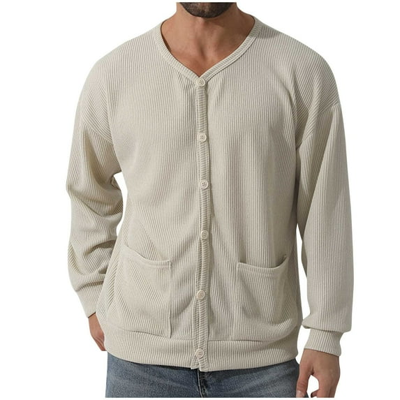 CHEEREAM Men's Cotton Cardigan Sweater V Neck Long Sleeve Button Knitwear Casual Solid Color Knitted Regular Fit Cardigan with Pocket Beige L