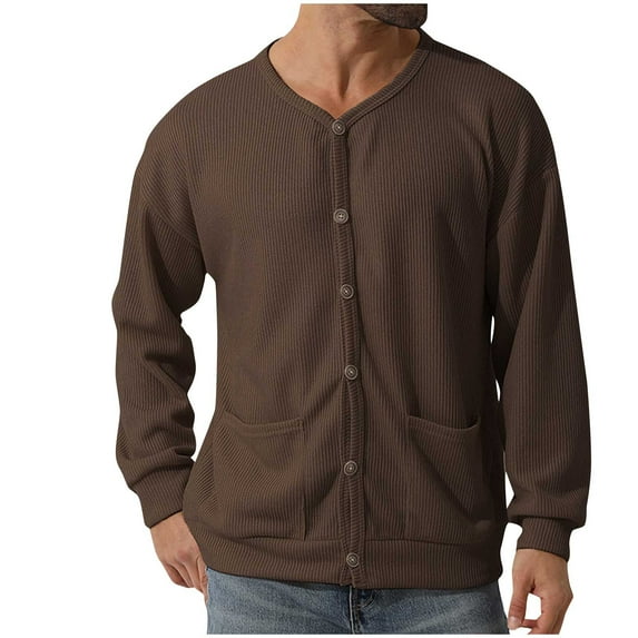 CHEEREAM Men's Cotton Cardigan Sweater V Neck Long Sleeve Button Knitwear Casual Solid Color Knitted Regular Fit Cardigan with Pocket Brown XXL