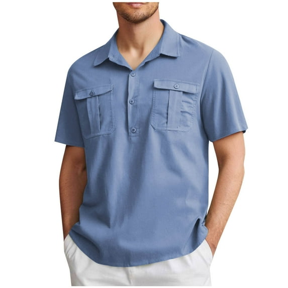 CHEEREAM Men's Cotton Shirts Short Sleeve Button up Casual Shirts Summer Fishing Outdoor Hiking T Shirt with Pockets Blue XL