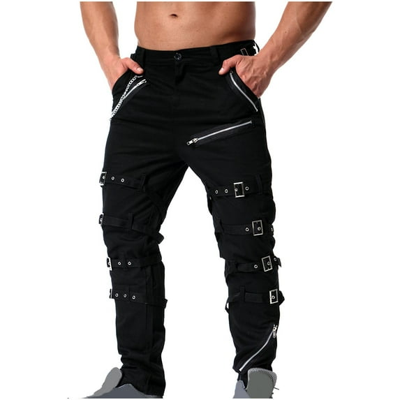 CHEEREAM Men's Fashion Hiphop Rock Punk Gothic Pants Techwear Sport Hiking Riding Cotton Casual Cargo Pants Black M