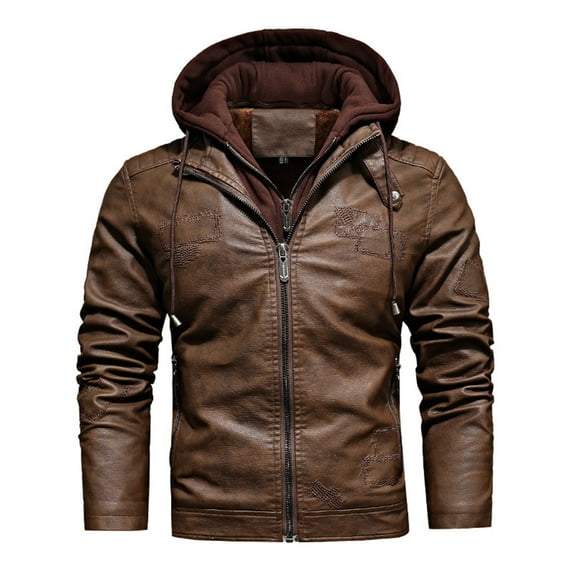 CHEEREAM Men's Faux Leather Jacket Stand Collar Motorcycle Bomber Jackets with Removable Hood Brown L