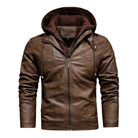 CHEEREAM Men's Faux Leather Jacket Stand Collar Motorcycle Bomber Jackets with Removable Hood Brown S