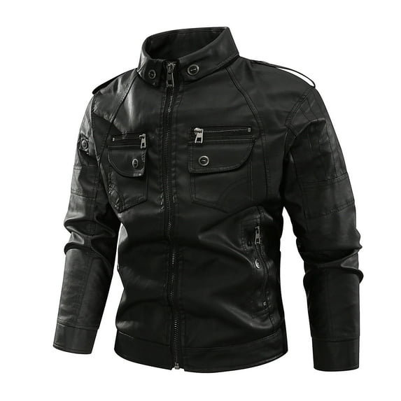 CHEEREAM Men's Faux Leather Jacket Vintage Stand Collar Motorcycle PU Leather Outwear Coat with Pockets Black XL