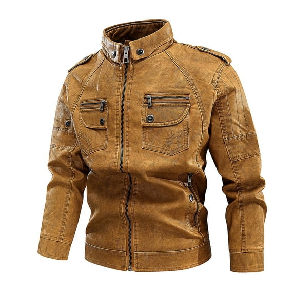 CHEEREAM Men's Faux Leather Jacket Vintage Stand Collar Motorcycle PU Leather Outwear Coat with Pockets Yellow 4XL