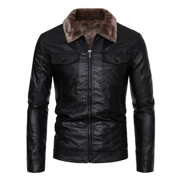 CHEEREAM Men's Faux Leather Zip Up Long Sleeve Bomber Jacket Fur Lapel Suede Sherpa Jacket Aviator PU Coat with Pockets Black L
