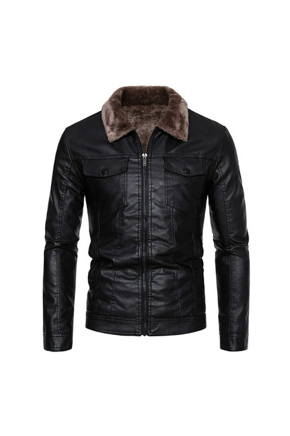Men's Faux Leather Zip Up Long Sleeve Bomber Jacket Fur Lapel Suede Sherpa Jacket Aviator PU Coat with Pockets Black M