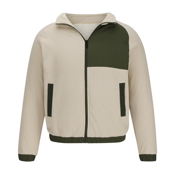 CHEEREAM Men's Fleece Jackets Stand Collar Full Zip Lightweight Jacket Color Block Casual Soft Warm Coats with Pockets Khaki M