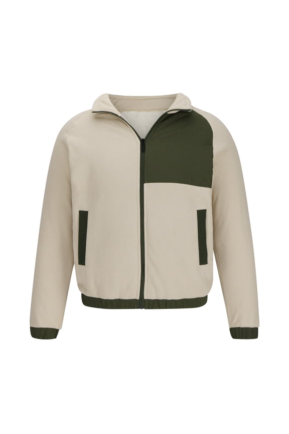 Men's Fleece Jackets Stand Collar Full Zip Lightweight Jacket Color Block Casual Soft Warm Coats with Pockets Khaki XL