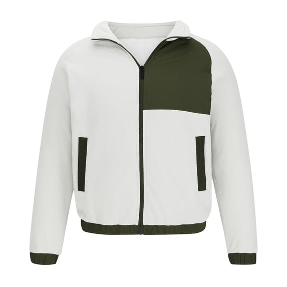 CHEEREAM Men's Fleece Jackets Stand Collar Full Zip Lightweight Jacket Color Block Casual Soft Warm Coats with Pockets White 4XL