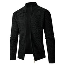 CHEEREAM Men's Full Zipper Cardigan Casual Stand Collar Cardigan Sweater Ribbed Knit Long Sleeve Sweater with Pockets Black L