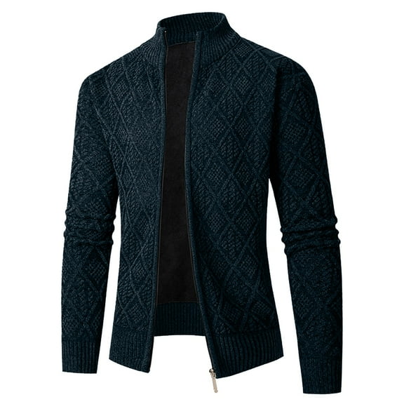 CHEEREAM Men's Full Zipper Cardigan Casual Stand Collar Cardigan Sweater Ribbed Knit Long Sleeve Sweater with Pockets Navy M