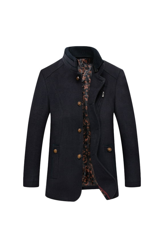 Men's Gentle Band Collar Single Breasted Wool Blend Pea Coat Quilted Lined Thick Winter Jacket with Pockets Navy 3XL