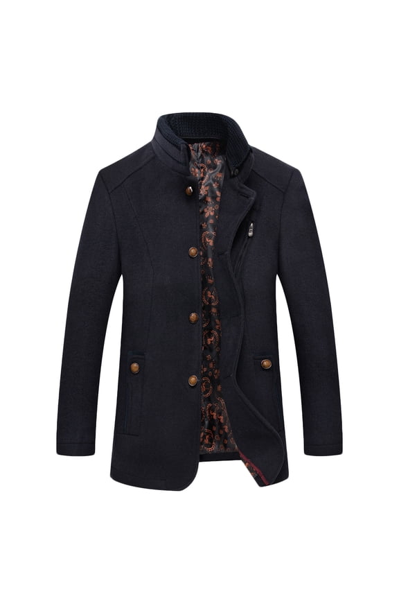 Men's Gentle Band Collar Single Breasted Wool Blend Pea Coat Quilted Lined Thick Winter Jacket with Pockets Navy 4XL