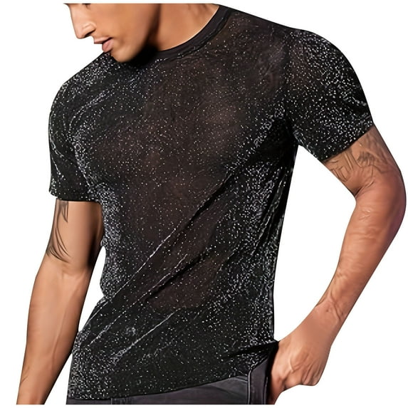 CHEEREAM Men's Glitter Mesh Sheer Round Neck Short Sleeve T Shirt Shiny Tee Tops Sparkly Nightclub T-Shirt