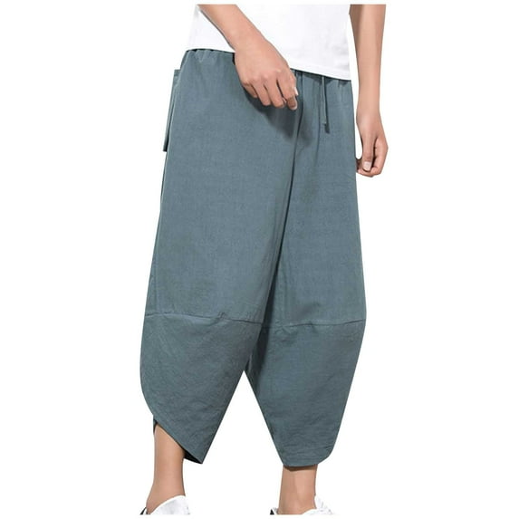 CHEEREAM Men's Harem Capri Pants Drawsting Elastic Waist Wide Leg Loose Baggy Capris Summer Linen Pants with Pockets Gray 4XL