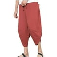 thumbnail image 1 of CHEEREAM Men's Harem Capri Pants Drawsting Elastic Waist Wide Leg Loose Baggy Capris Summer Linen Pants with Pockets Red L, 1 of 5