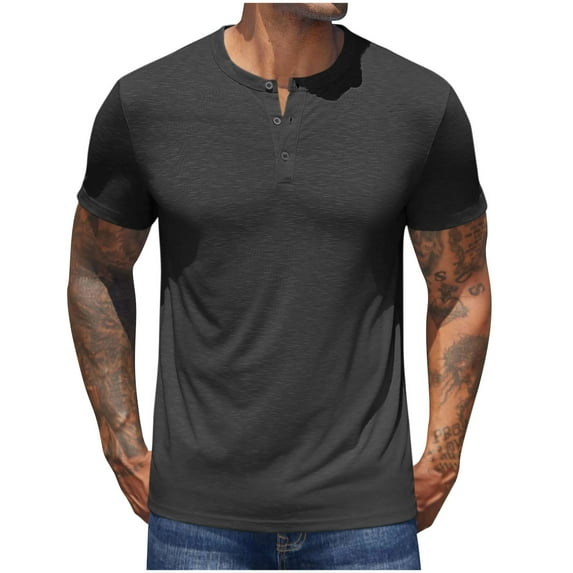 CHEEREAM Men's Henley Shirts Short Sleeve Collarless Button T-Shirt Fashion Casual Basic Tee Tops Dark Gray XL