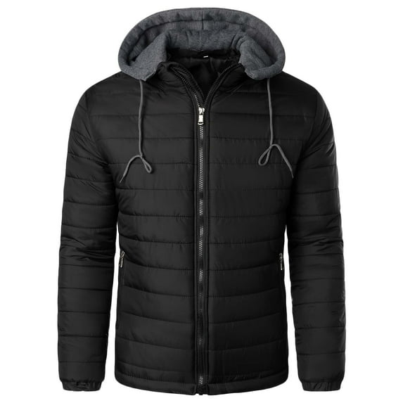 CHEEREAM Men's Lightweight Puffer Jacket Hooded Full Zip Water-Resistant Quilted Lined Winter Thicken Coats Outdoor Black L