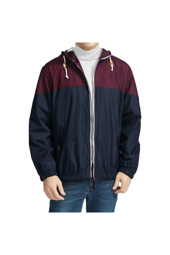 Men’s Lightweight Zip Up Windbreaker Windproof Breathable Packable Jacket Quick Dry Color Block Jackets with Hooded Red S