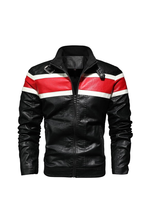 Men's Motorcycle Jacket Stand Collar Faux Leather Jacket Spring Trendy Zip Up Color Block Motor Biker Jacket Black S