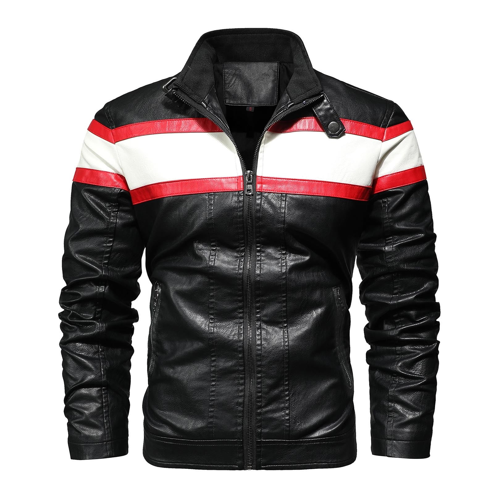 CHEEREAM Men's Motorcycle Jacket Stand Collar Faux Leather Jacket Spring Trendy Zip Up Color Block Motor Biker Jacket White 4XL