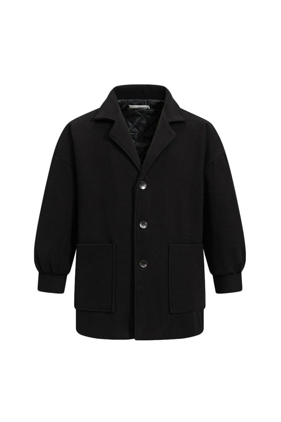 Men's Pea Coat Slim Fit Single Breasted Short Wool Jacket Woolen Trench Coat Comfy Fashion Notched Lapel Overcoats with Pockets Black XXL
