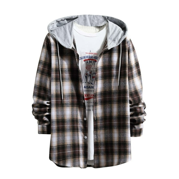 CHEEREAM Men's Plaid Hoodie Flannel Shirt Jacket Long Sleeve Casual Fashion Button Shirts Coffee XL