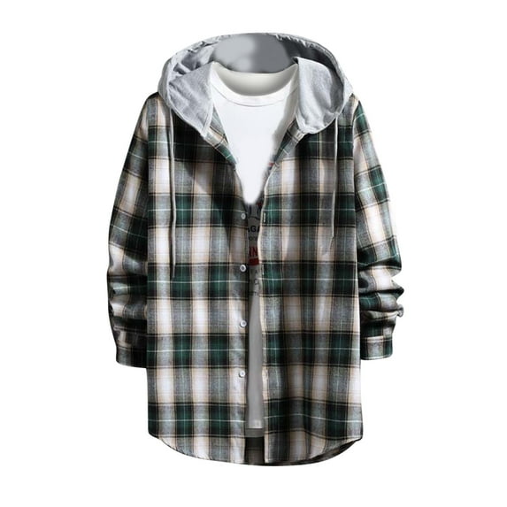 CHEEREAM Men's Plaid Hoodie Flannel Shirt Jacket Long Sleeve Casual Fashion Button Shirts Green XXL