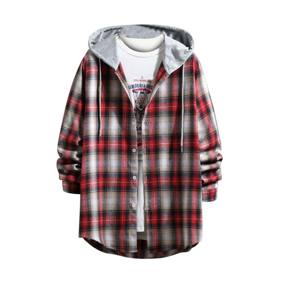 CHEEREAM Men's Plaid Hoodie Flannel Shirt Jacket Long Sleeve Casual Fashion Button Shirts Red M