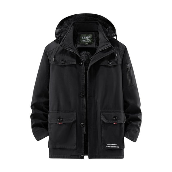 CHEEREAM Men's Plus Size Windproof Hooded Jacket Sherpa Lined Winter Coat Thickened Warm Parka Black L