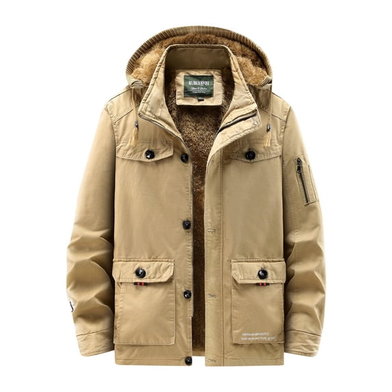 CHEEREAM Men's Plus Size Windproof Hooded Jacket Sherpa Lined Winter Coat Thickened Warm Parka Khaki 6XL