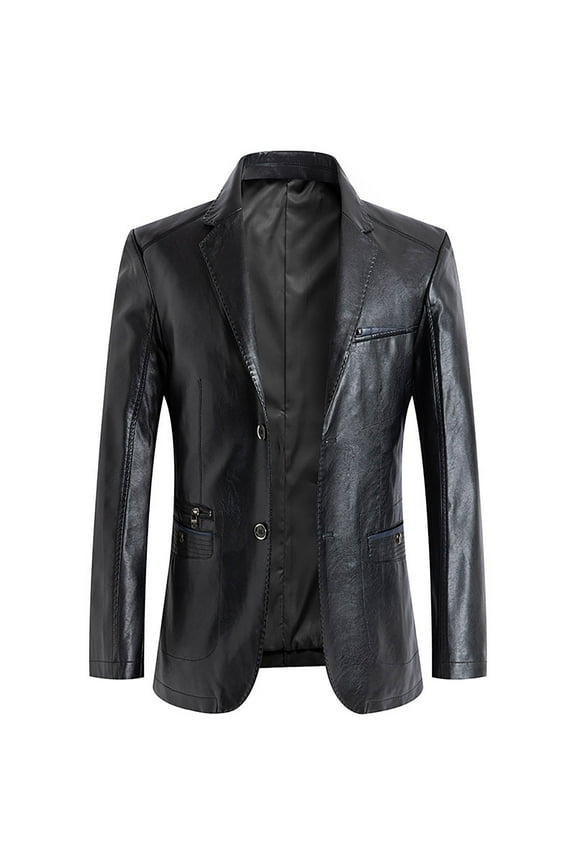 Men's Regular Fit Button Down Lined Business Lambskin Leather Jacket Blazer with Pockets Black 4XL